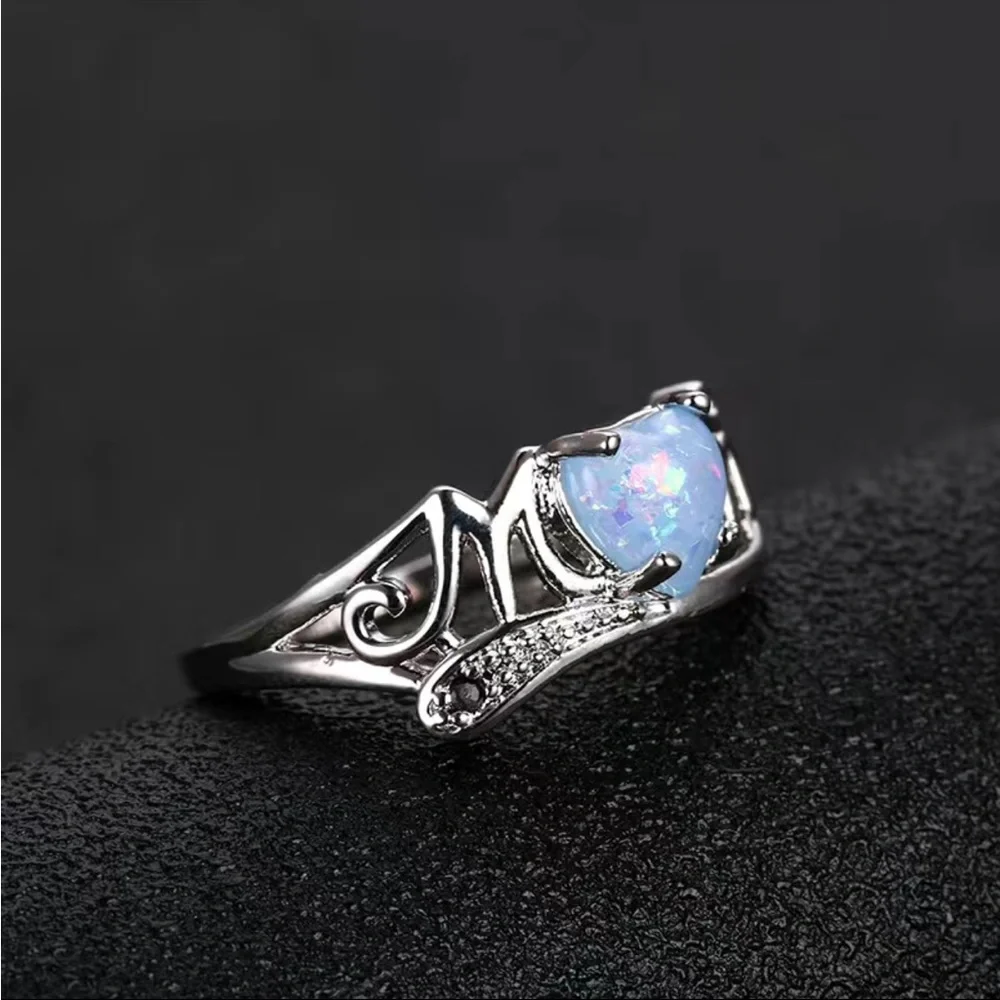 New 925 Silver MOM Delicate Opal Heart With MOM Letter Sweet Finger Ring - Picture 4 of 7